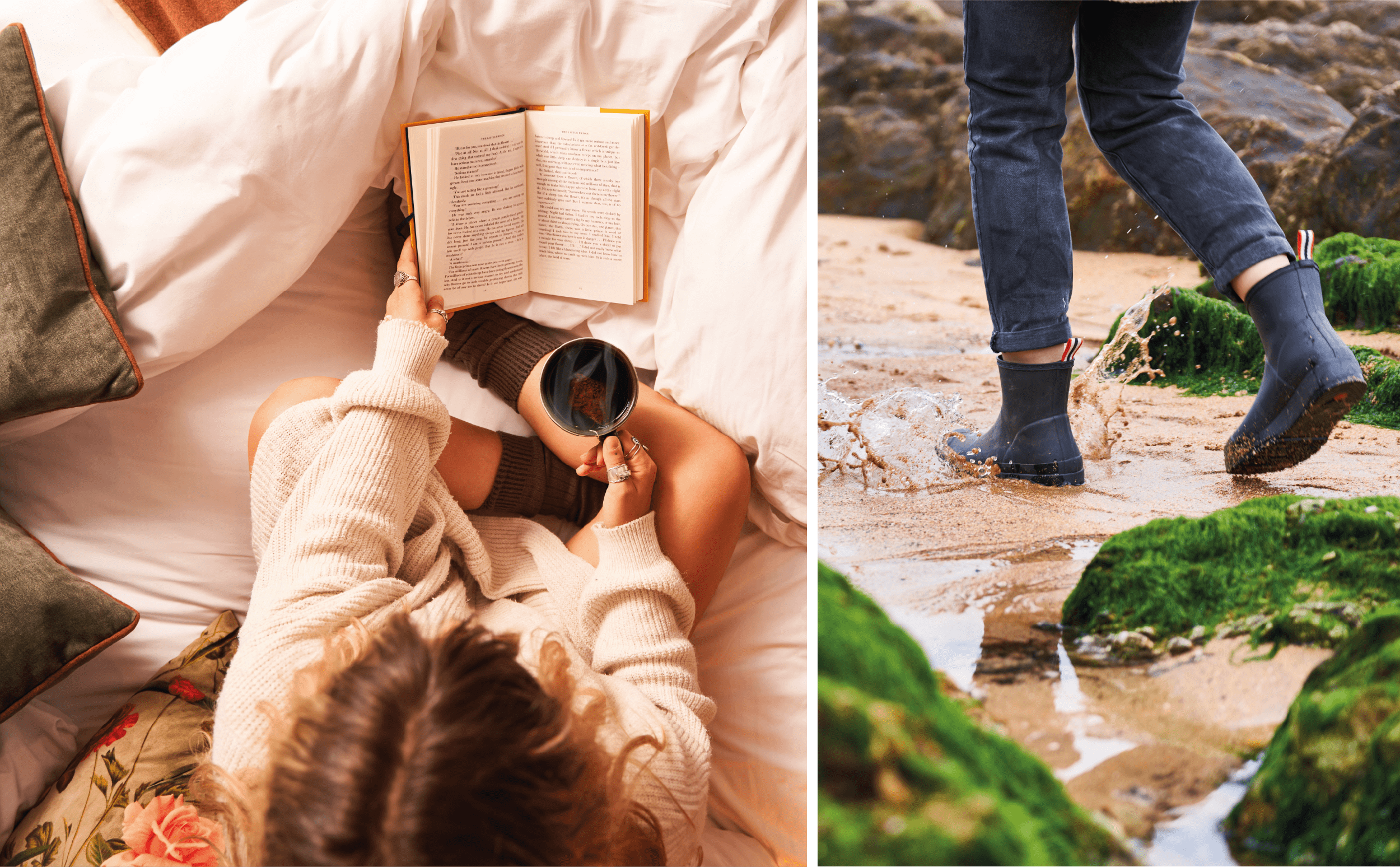Woman reading in bed, person walking on beach